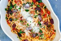 Linguine with Chunky Beef Frankfurters, Vegetables & Kalamata Olives