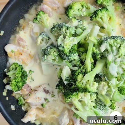 Broccoli, cream and stock added into the pan