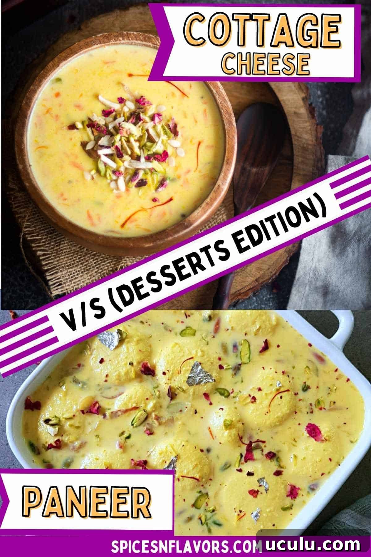 collage of cottage cheese and paneer used in desserts with text on top