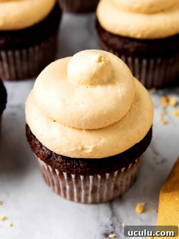 Fluffy, creamy, and smooth peanut butter frosting recipe for chocolate cake is piped onto a cupcake