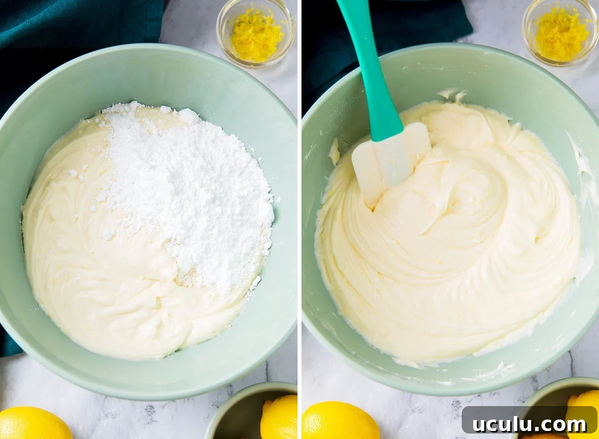 Two photos showing How to Make Lemon Cream Cheese Frosting - Powdered sugar, cream cheese, and butter beaten together with a hand mixer.