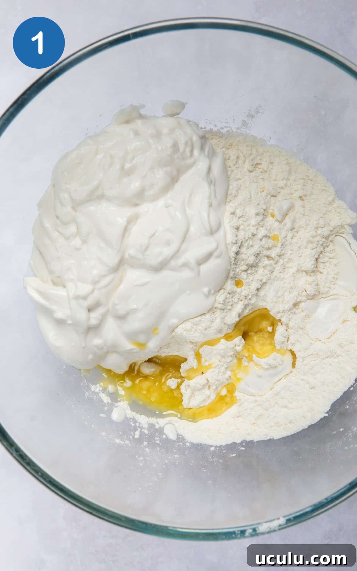 flour, yoghurt, olive oil and sea salt in a large mixing bowl together.