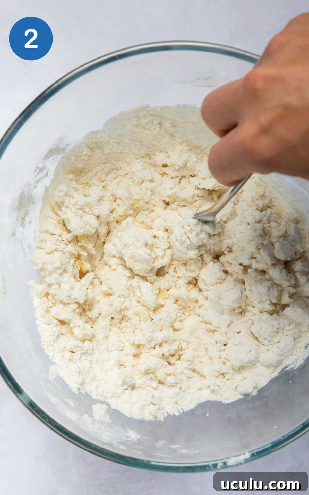 ingredients to make naan being mixed in large mixing bowl with fork.