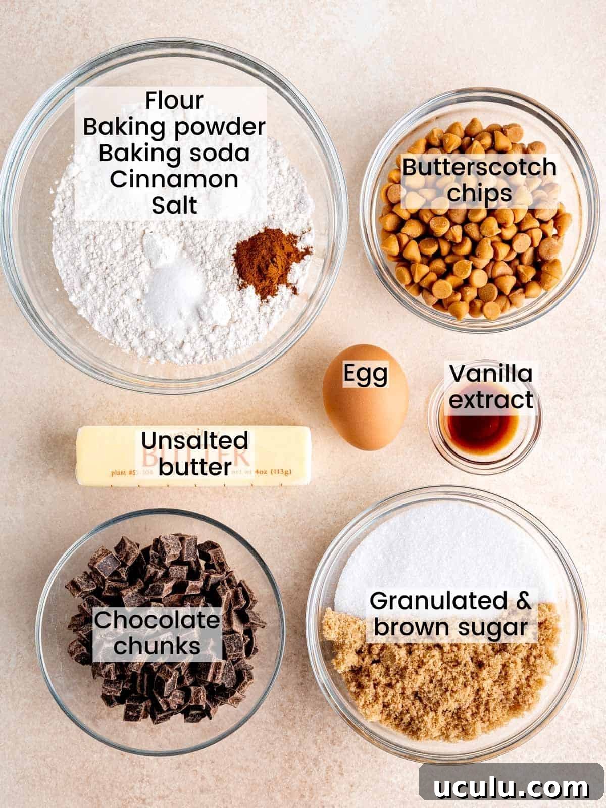 Ingredients needed to make butterscotch cookies with chocolate chunks.