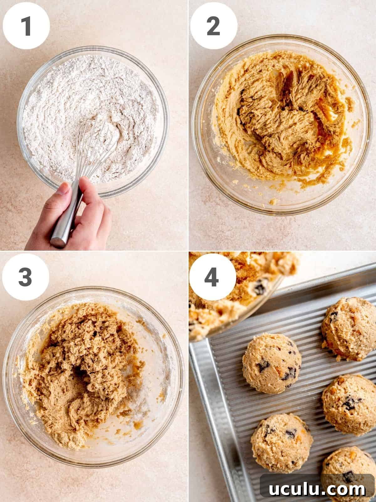 Collage showing how to make chocolate chip butterscotch cookies.