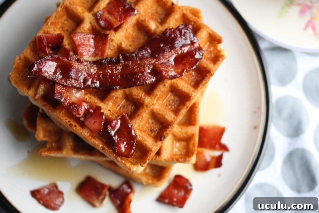 Luxurious gluten-free Belgian waffles with crispy bacon and maple syrup. These are made with the Free From Fairy's wholegrain gluten-free (and rice-free) flour blends.