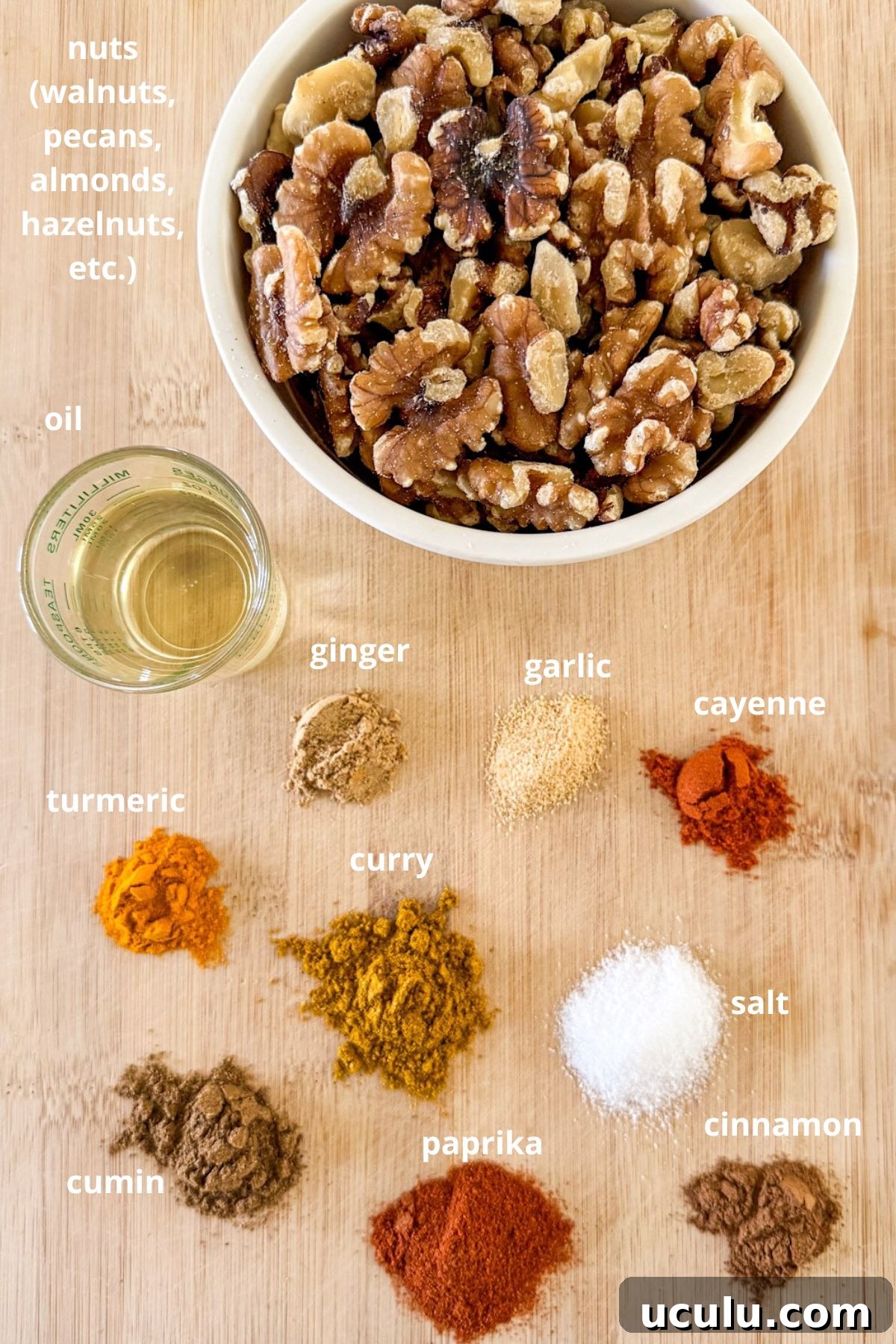 spiced nuts ingredients on cutting board