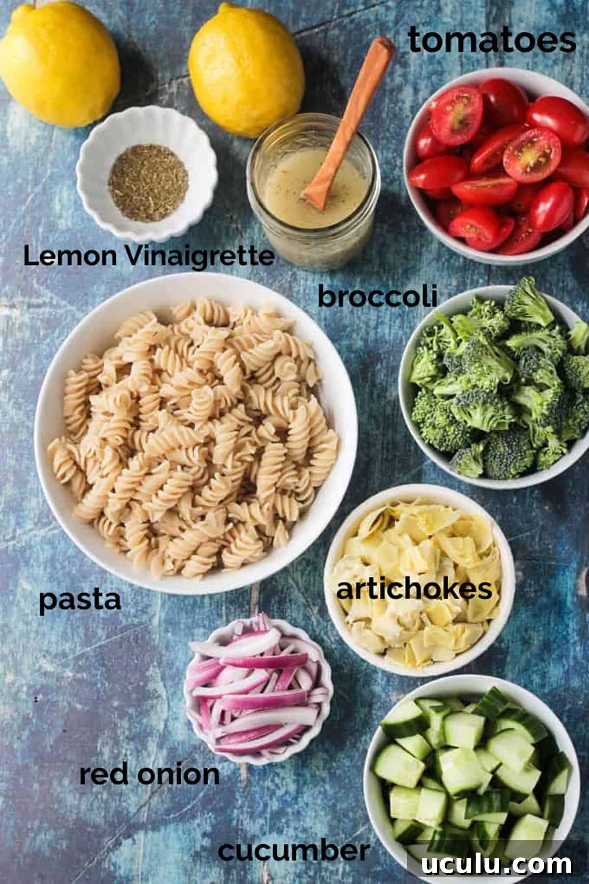 Recipe ingredients arrayed in individual bowls.