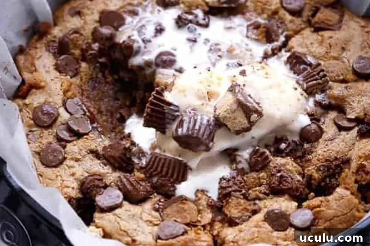 Close-up shot of Peanut Butter Chocolate Skillet Cookie.