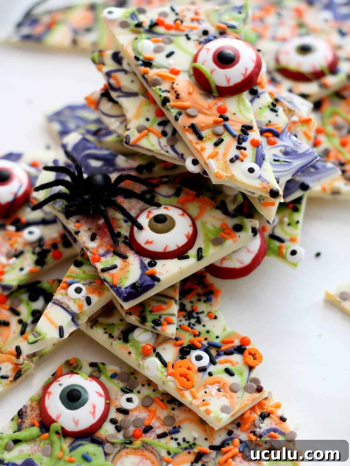 White chocolate bark with colourful sprinkles and Halloween edible decoration
