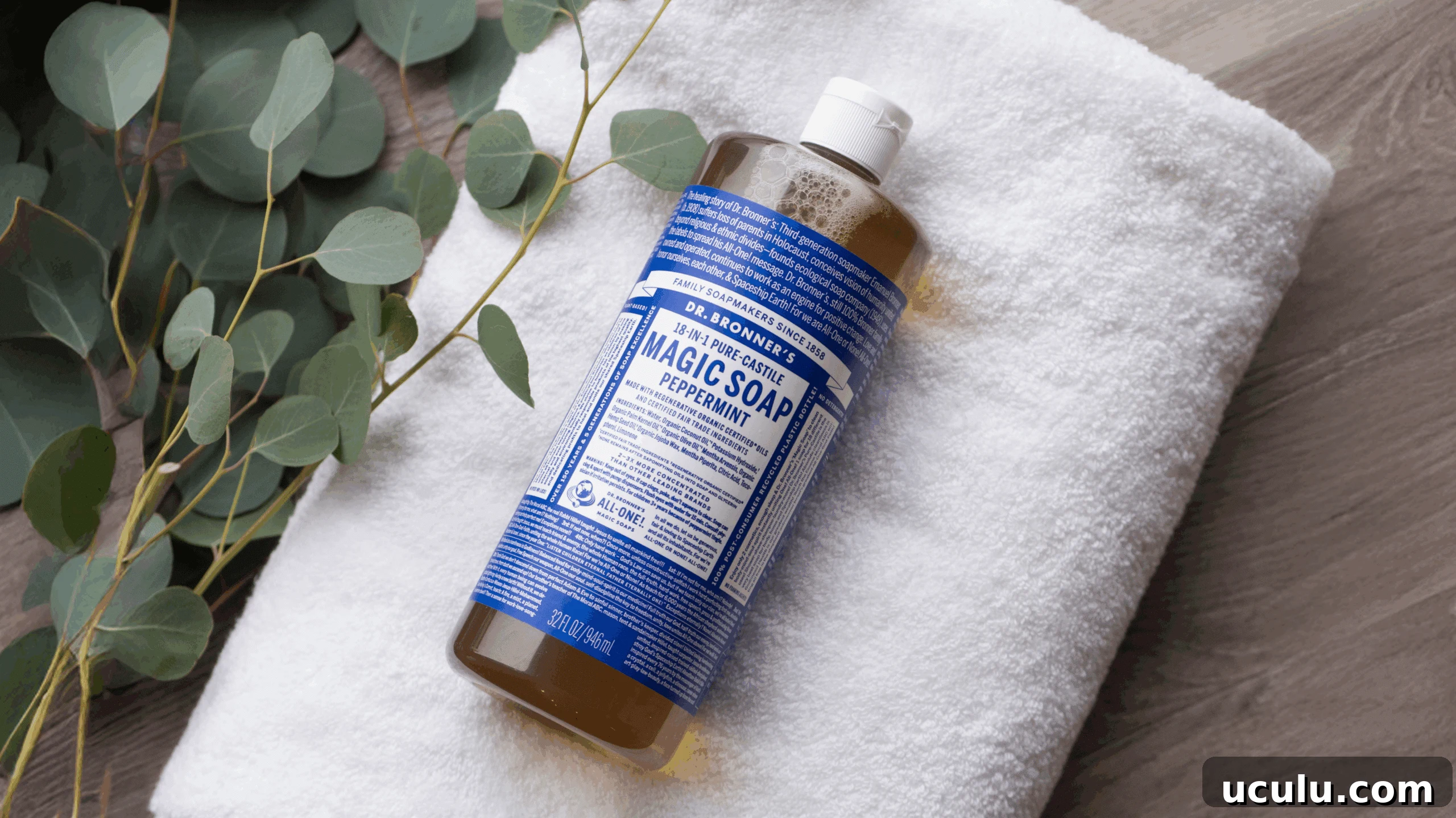 Dr. Bronner's Castile Magic Soap on towel on floor.