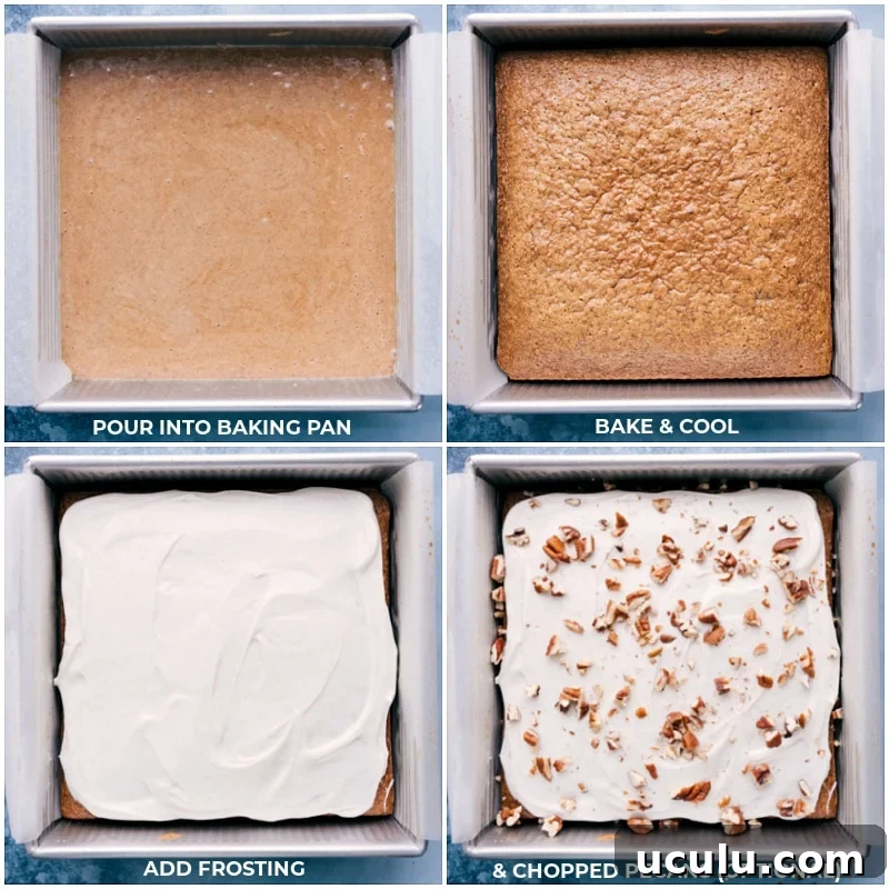 Batter being poured and cake being frosted