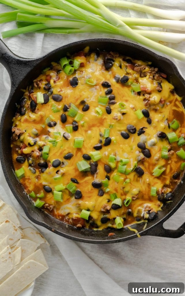 A cast iron skillet with cheesy beef tacos topped with green scallions.