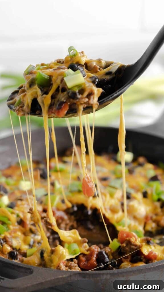 A spoonful of stringy skillet cheesy beef tacos with tomatoes and black beans.