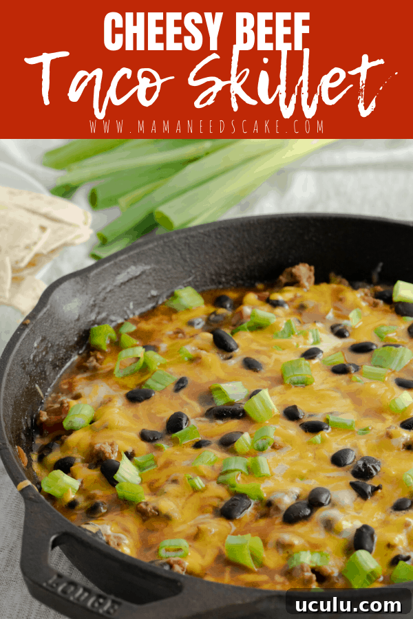 Cheesy beef taco skillet close-up.