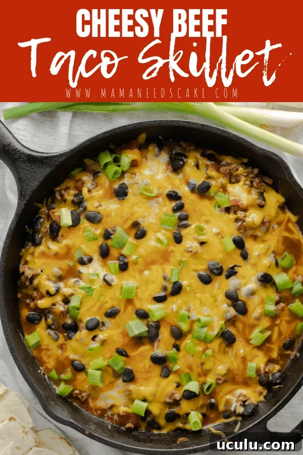 Another view of skillet cheesy beef tacos.