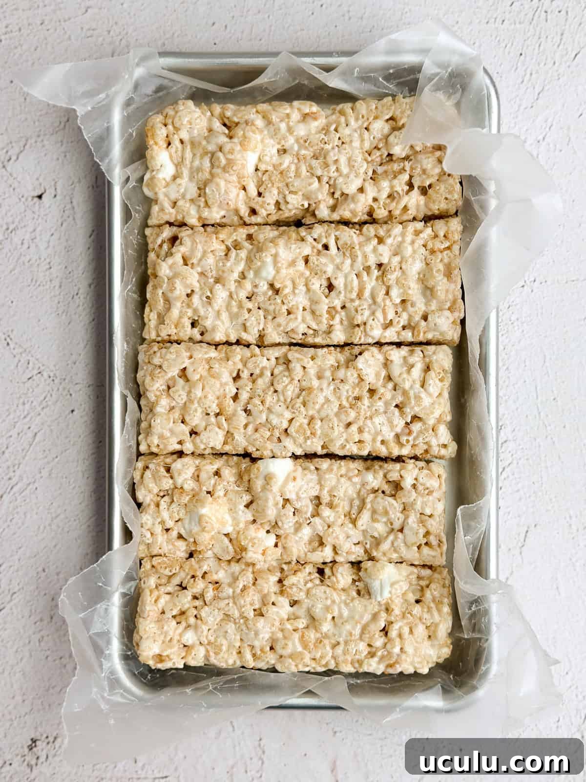 small batch rice krispie treats in the loaf pan.