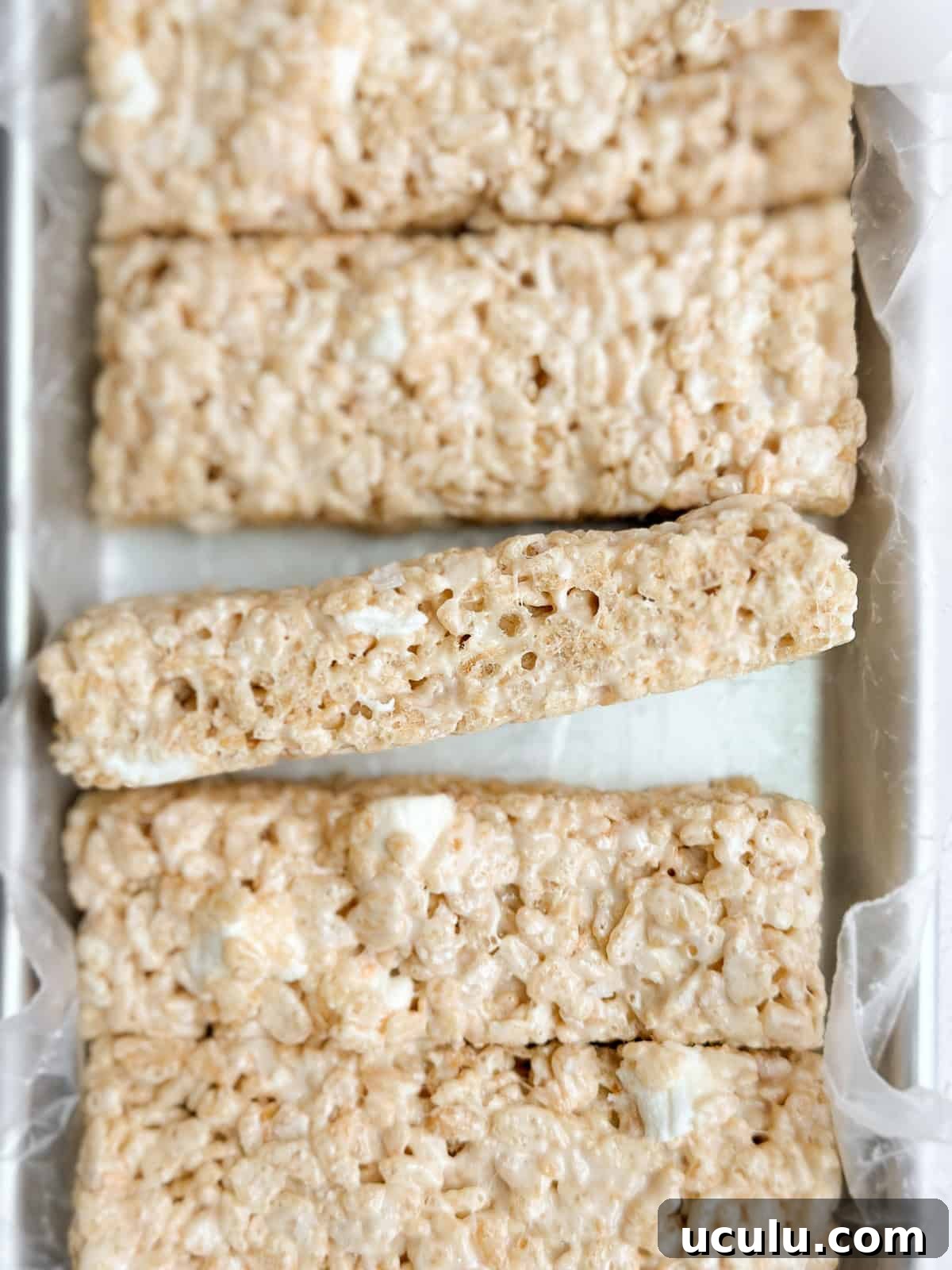 one small batch rice krispie treat turned up to see inside.