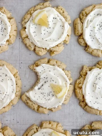 lemon poppyseed cookies with a bite missing from one.