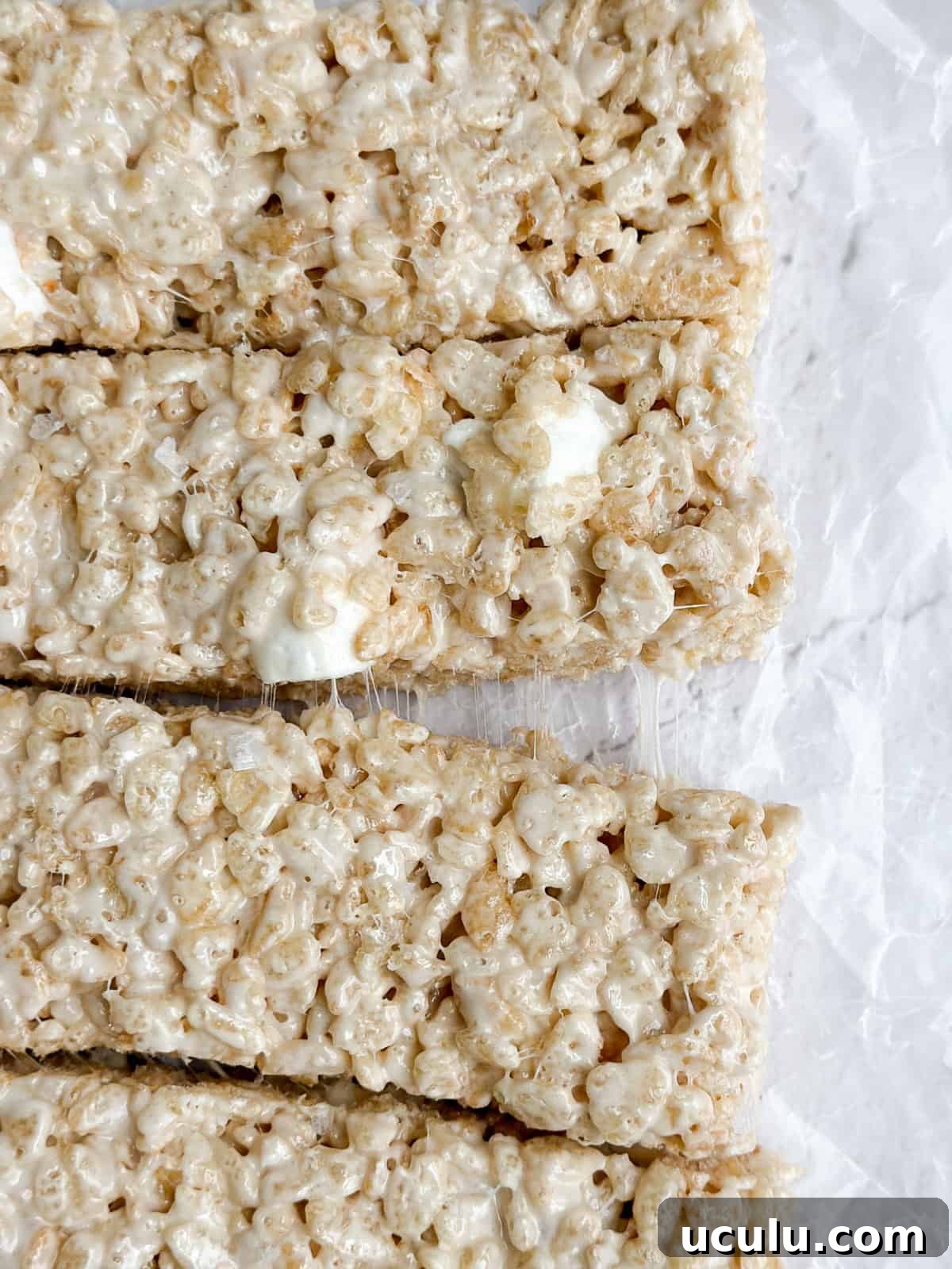 a closeup of the small batch rice krispie treats after being cut into squares.