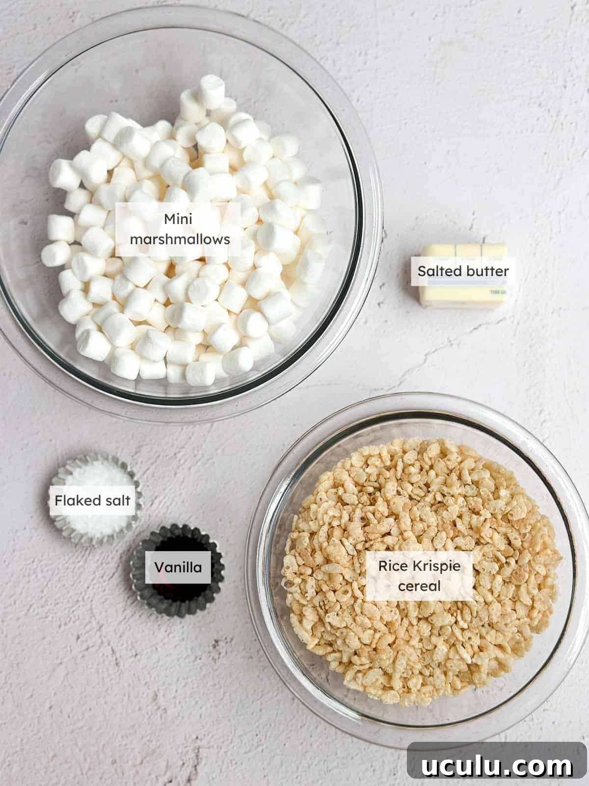 All of the ingredients needed to make small batch Rice Krispie treats.
