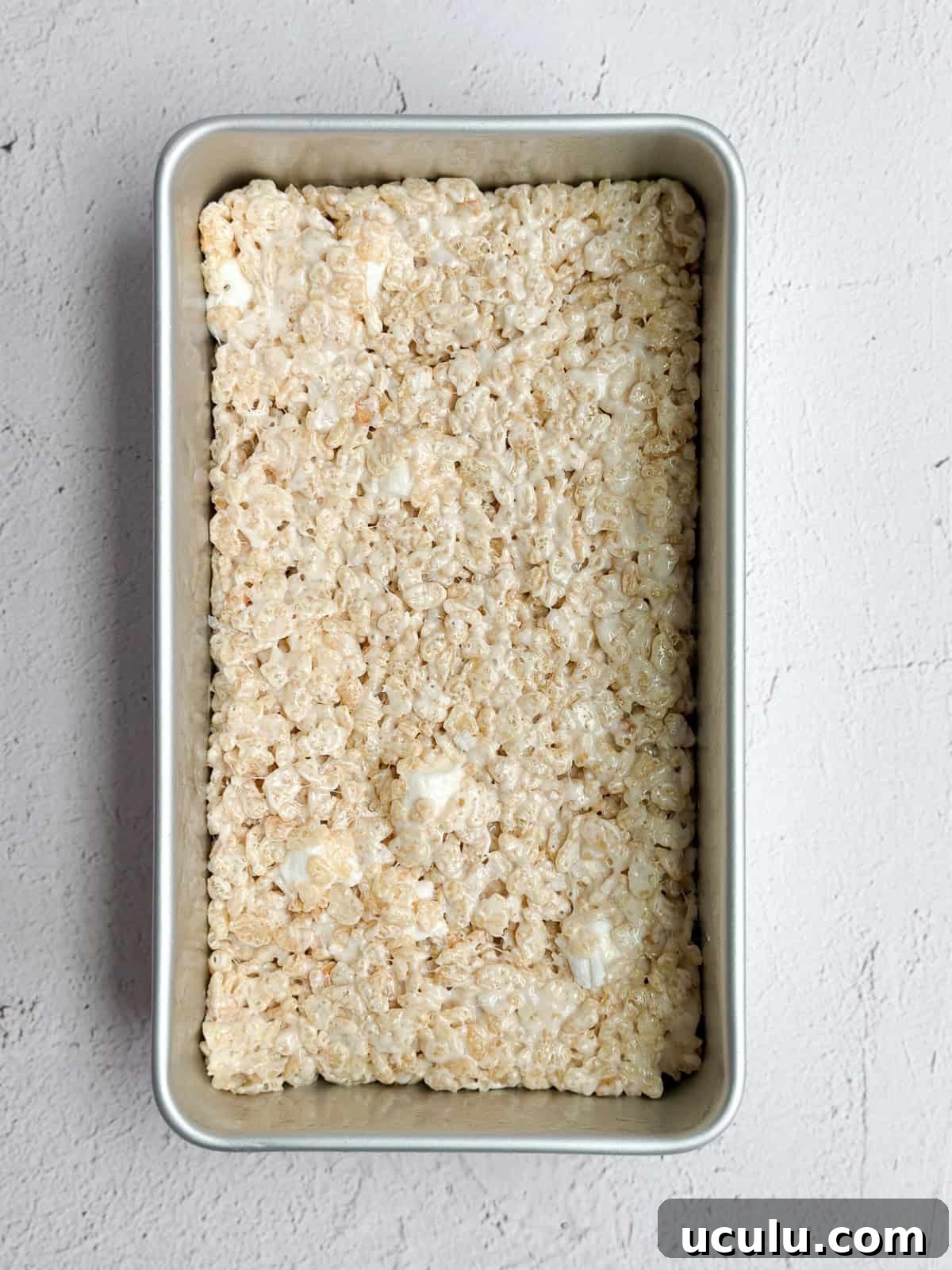 the small batch rice krispie treats in the loaf pan.
