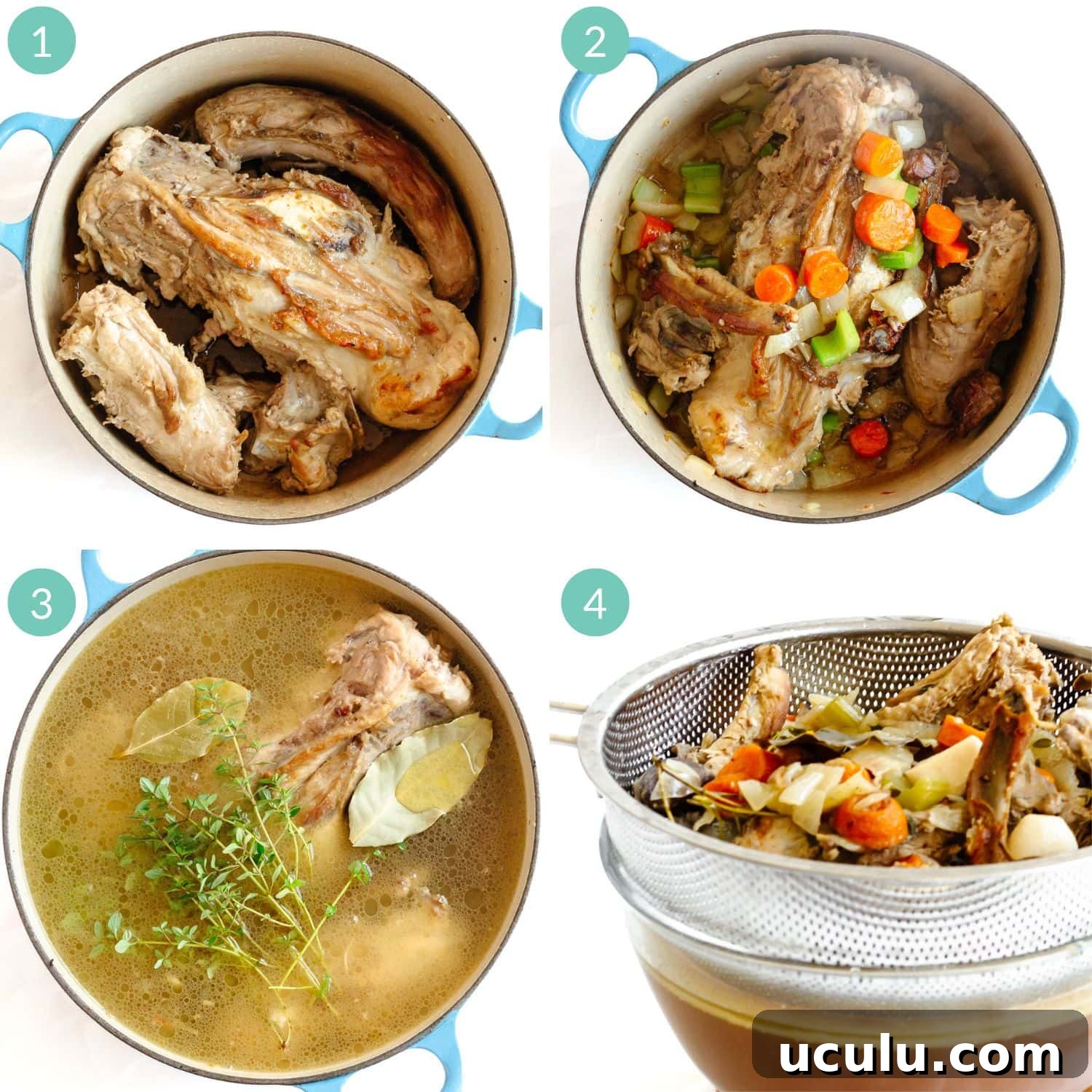 Numbered photo collage showing step-by-step how turkey stock is made to use in gravy later.