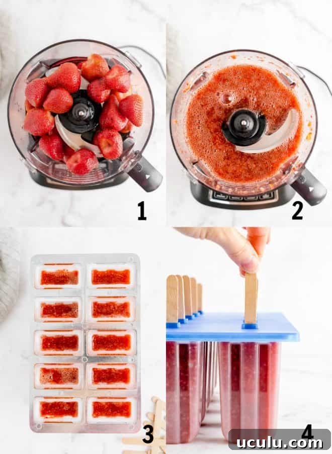 steps to make wine popsicles including processing strawberries in a food processor and pouring mixture into the popsicle mold