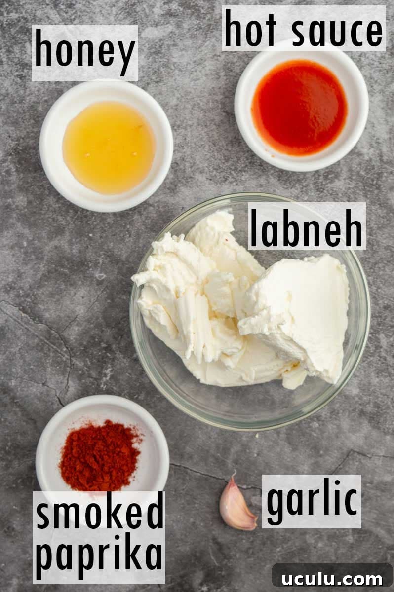 Labelled ingredients including honey, hot sauce, smoked paprika, labneh and garlic.