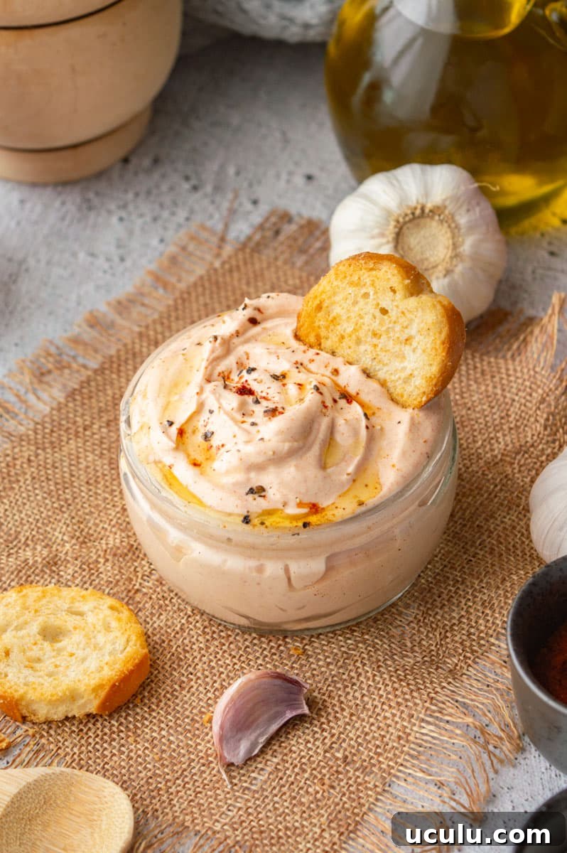 Garlic, toasts and olive oil surrounding a small glass jar with an orange-pink sauce in it.