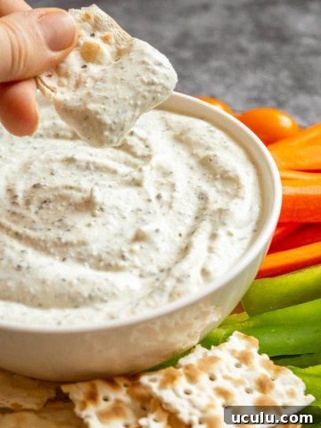 A hand dipping a cracker into a bowl of creamy pale herbed dip.