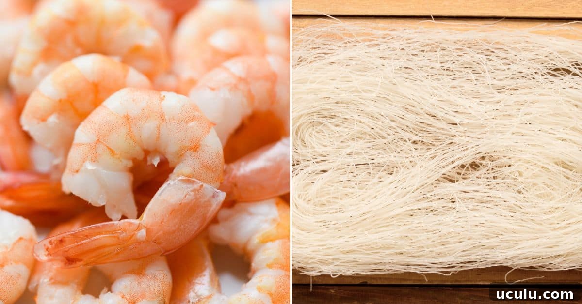 An image of raw shrimp next to an image of uncooked noodles.