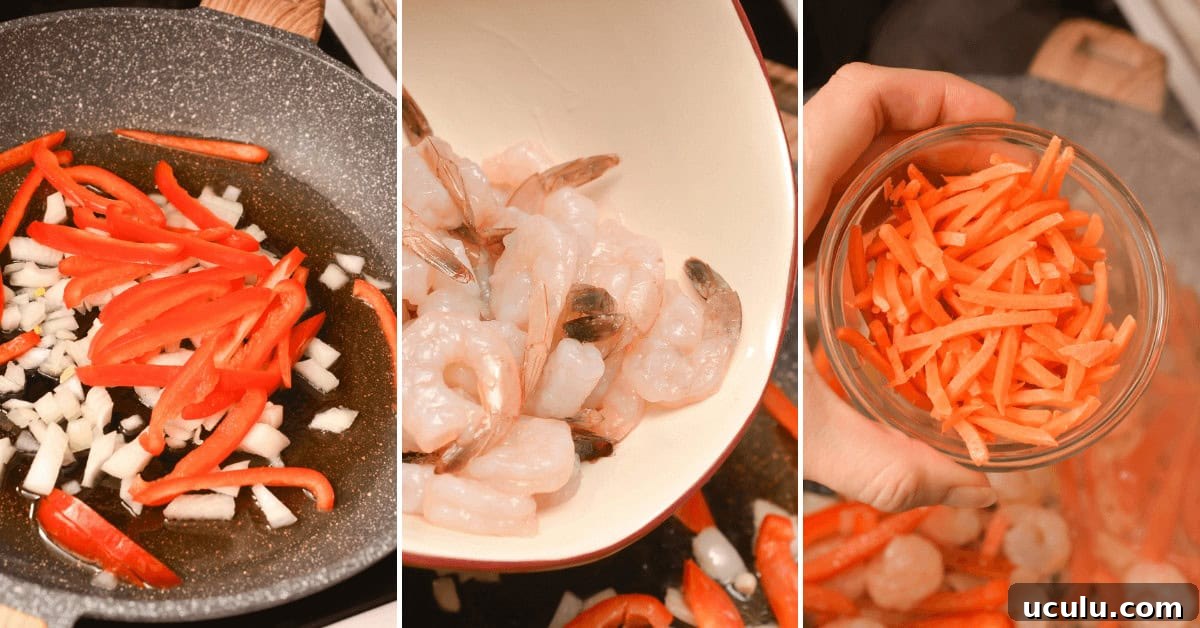 Three images of sauteeing veggies, sauteeing shrimp and carrot slices in a bowl.