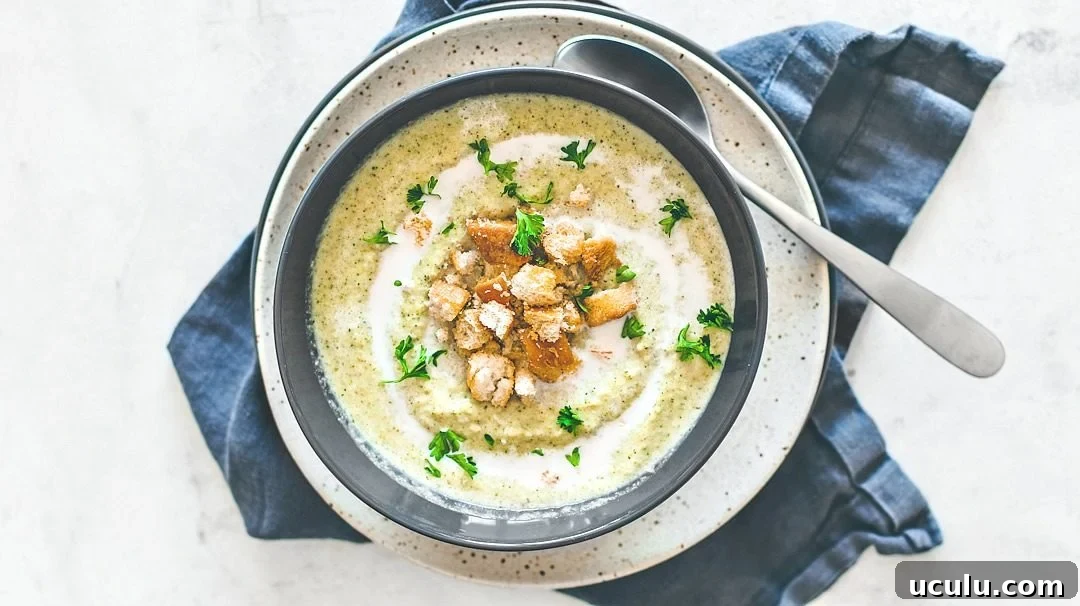 Bowl of cream of broccoli soup garnished with croutons.