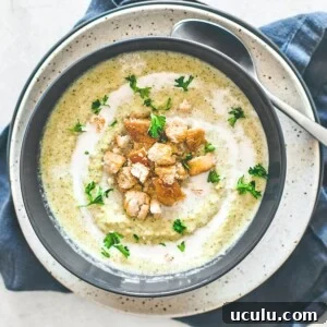Bowl of cream of broccoli soup garnished with croutons.