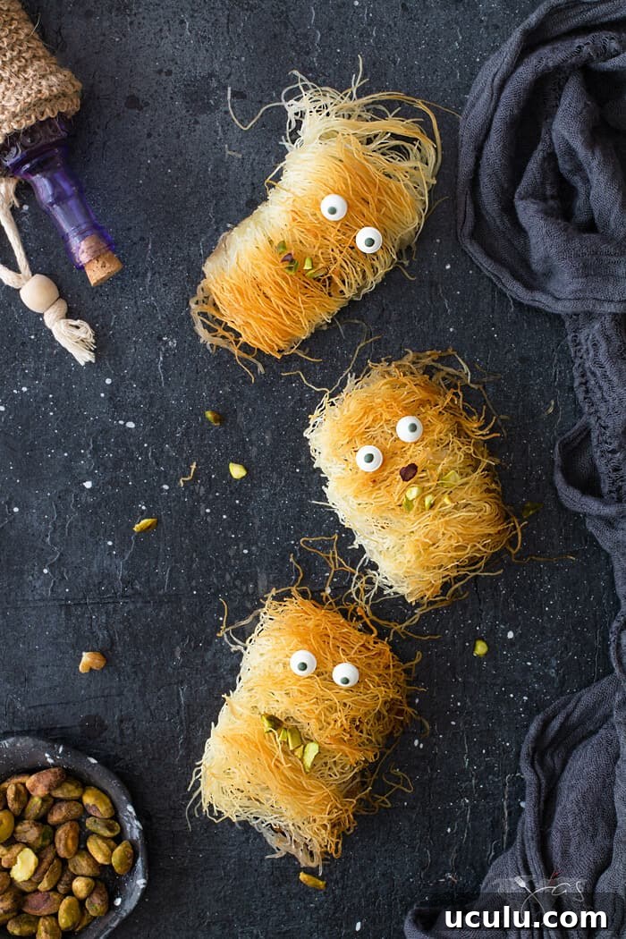 An overhead shot of three Fuzzy and mummy looking kataifi monsters on a black background