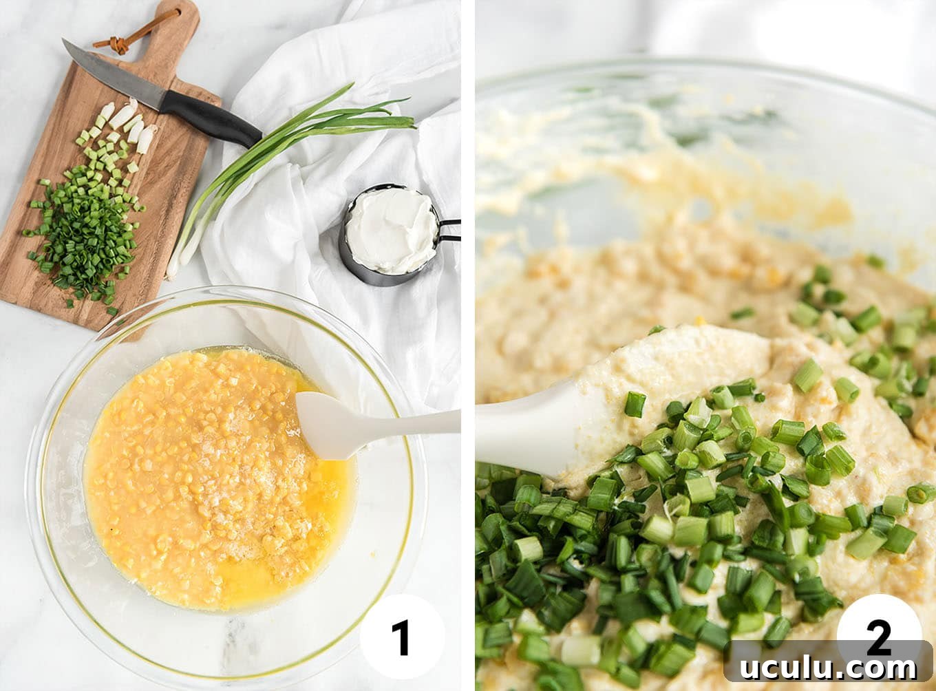 A collage of mixing the ingredients in a bowl and then adding the green onions.