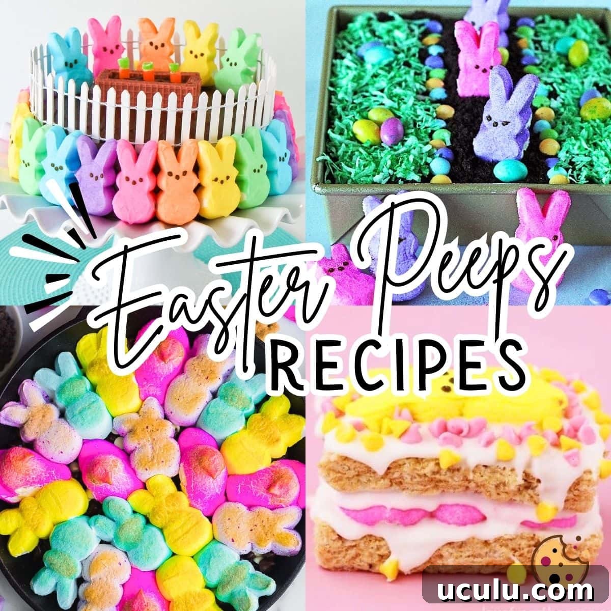 Acollage of images showing Easter peeps recipes, dirt cake, smores dip, and peeps rice krispie treats.