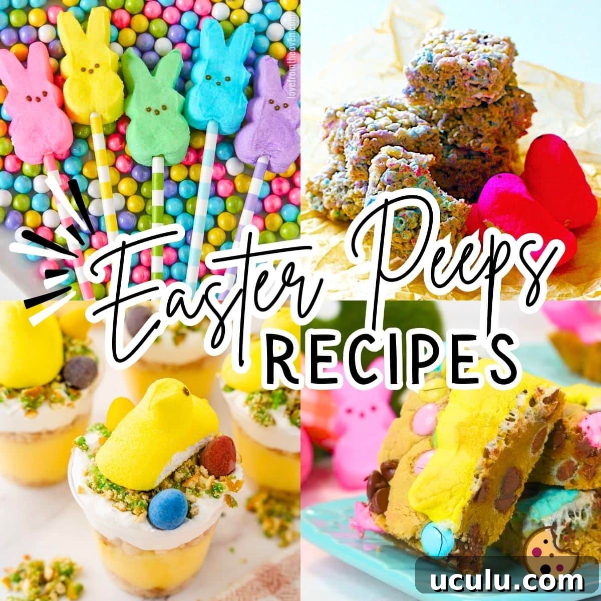 A collage of images showing Easter peeps recipes, pudding cups, peeps cookie bars, and peeps rice krispie treats.