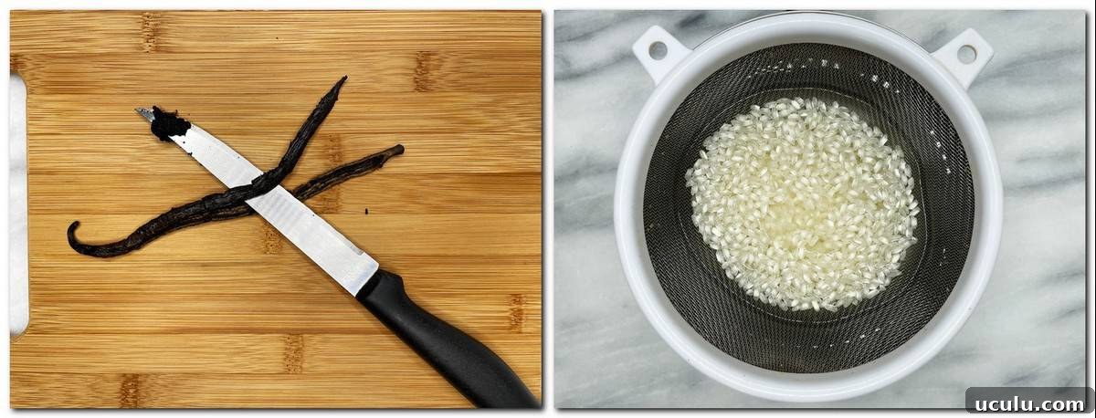 Photo 1: Vanilla bean, a knife, seeds on a board Photo 2: Rice over a sieve