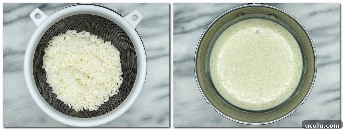 Photo 3: Blanched rice over sieve Photo 4: Cooked rice pudding in a saucepan