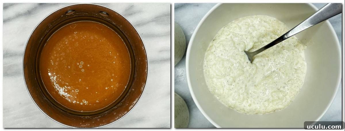 Photo 5: Caramel in a saucepan Photo 6: Rice pudding with a spoon in a bowl