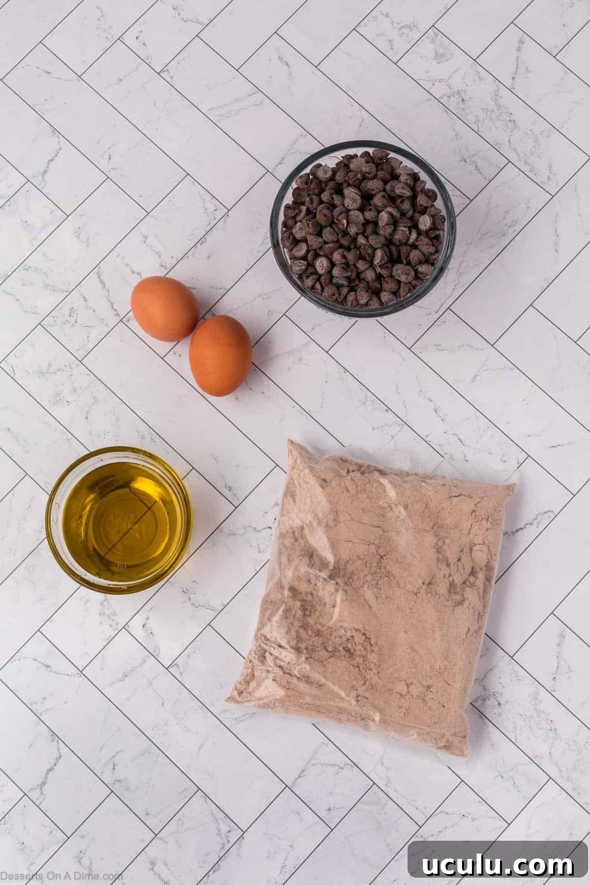 Ingredients for Devil's Food Cake Mix Cookies - eggs, chocolate chips, oil, chocolate cake mix. 