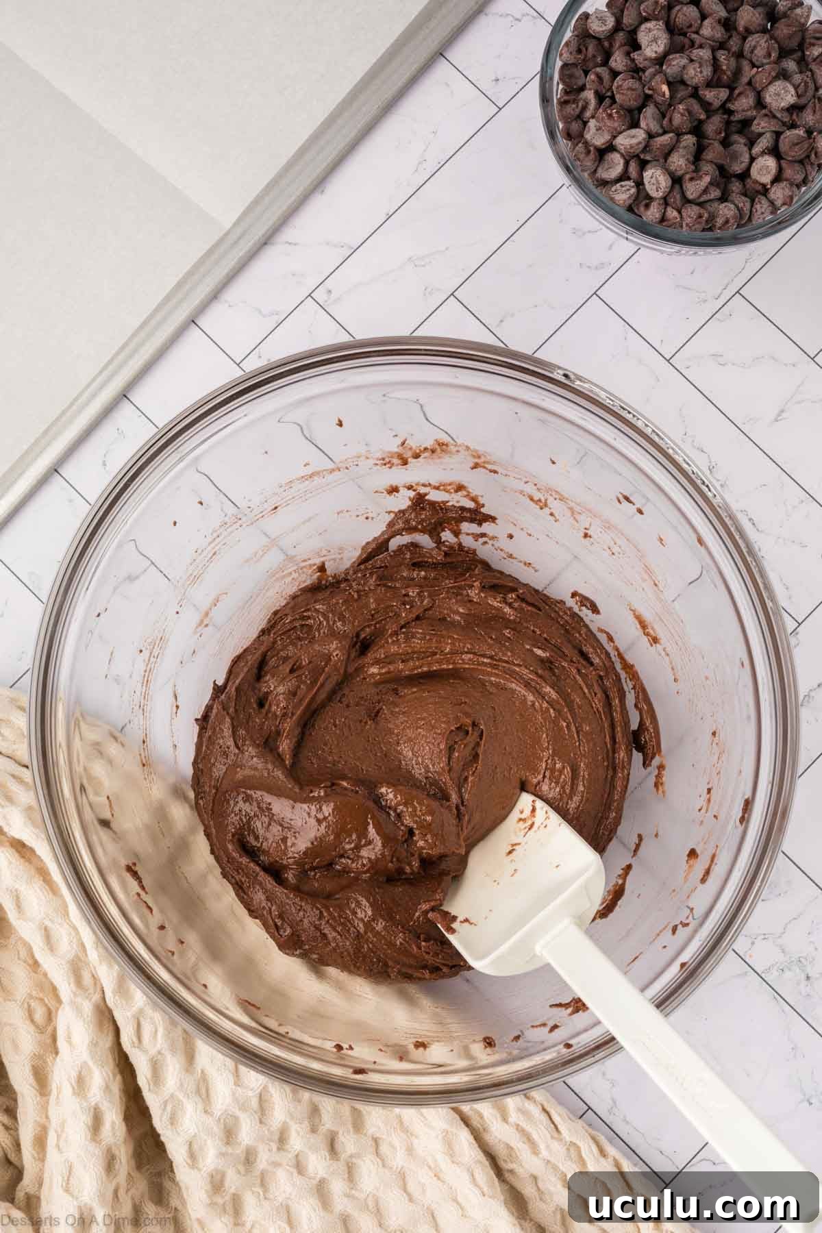 Cake batter combined in a bowl. 