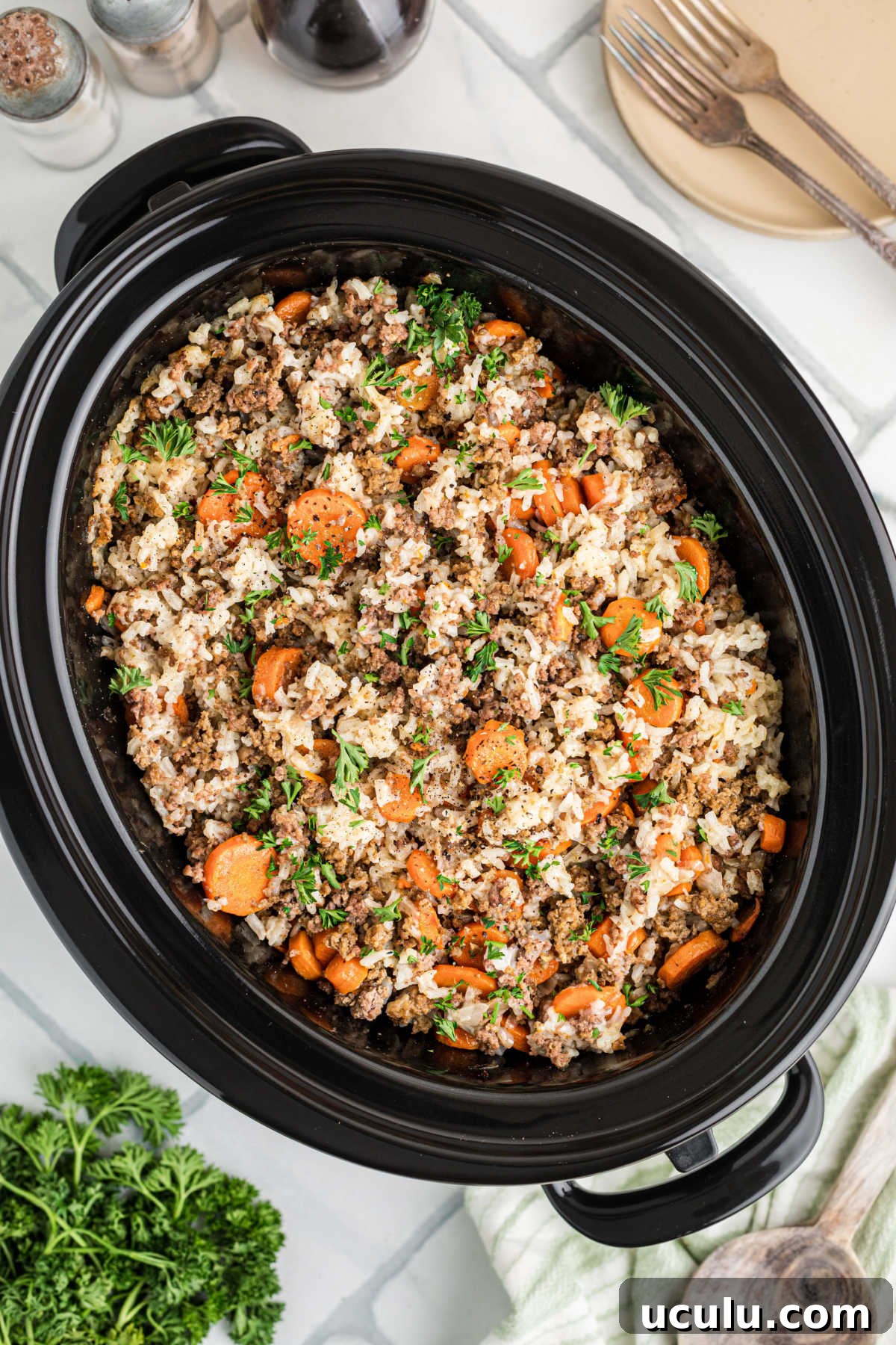 Overhead shot of a crock pot with carrots and ground meat.