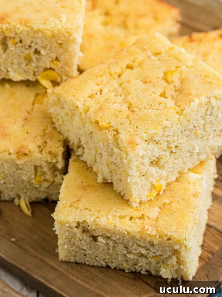 A few square pieces of sour cream cornbread on a wooden board.