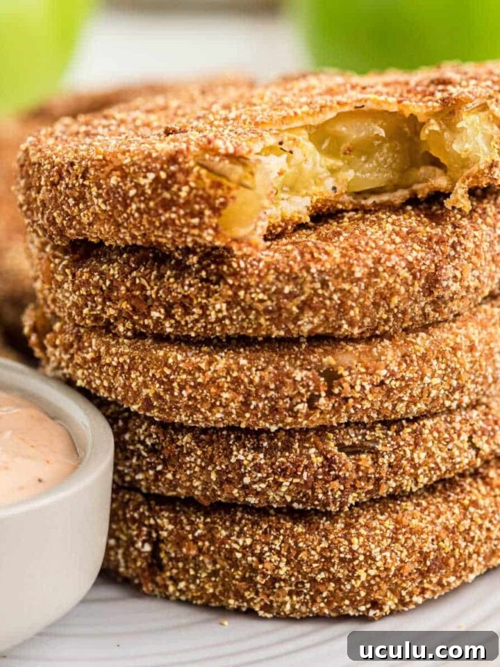 A stack of fried green tomatoes with the one on top having a bite out of it.