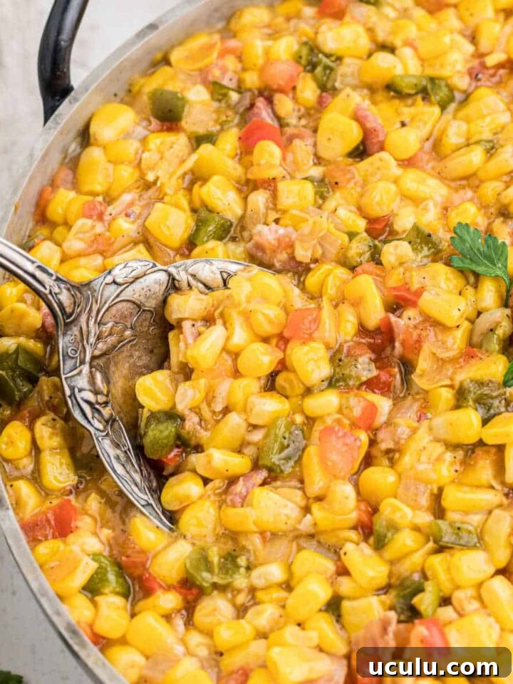 Close up of some cajun corn maque choux with a big spoon digging in.
