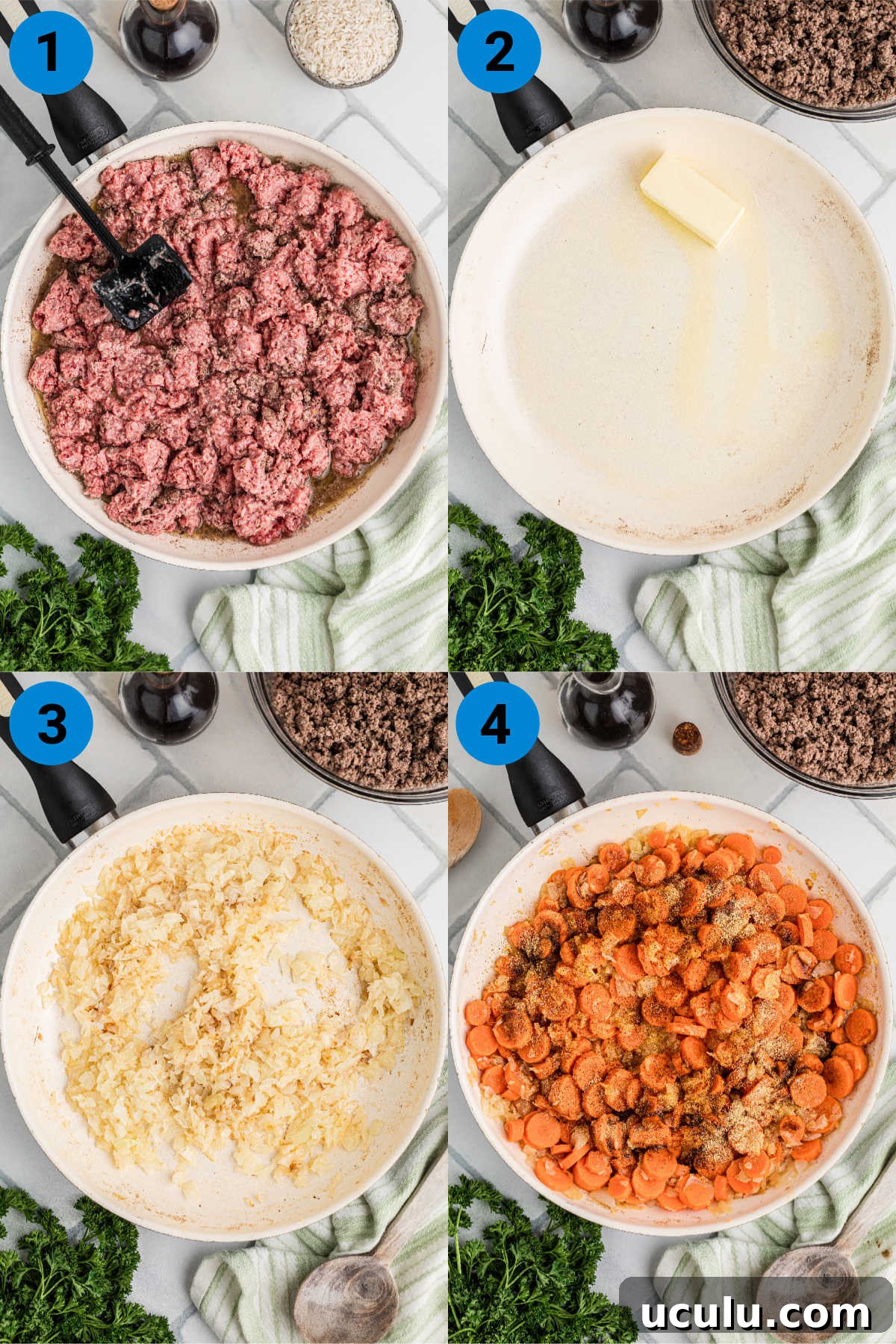 A collage of four images showing how to make crock pot carrots and ground meat, recipe steps 1-4.