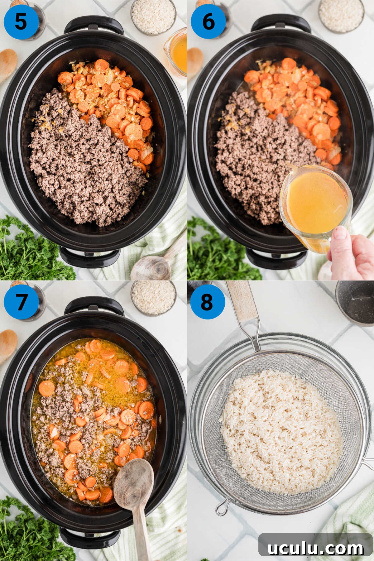 Collage of four images showing how to make crock pot carrots and ground meat, recipe setps 5-8.